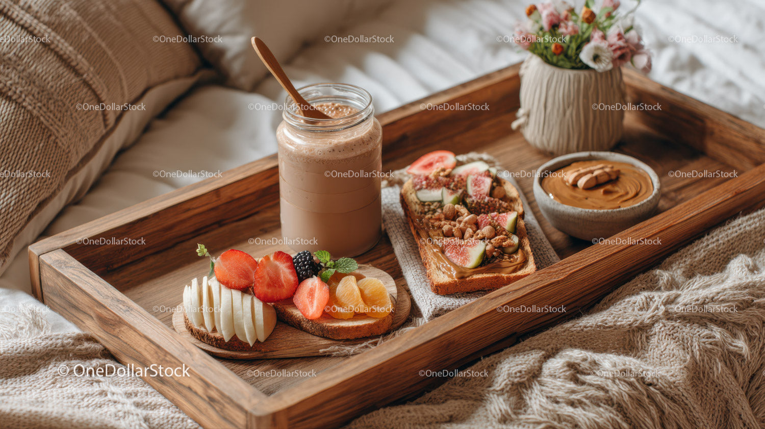 Healthy Fruit Toast with Berries and Nut Toppings in Cozy Bed Setting
