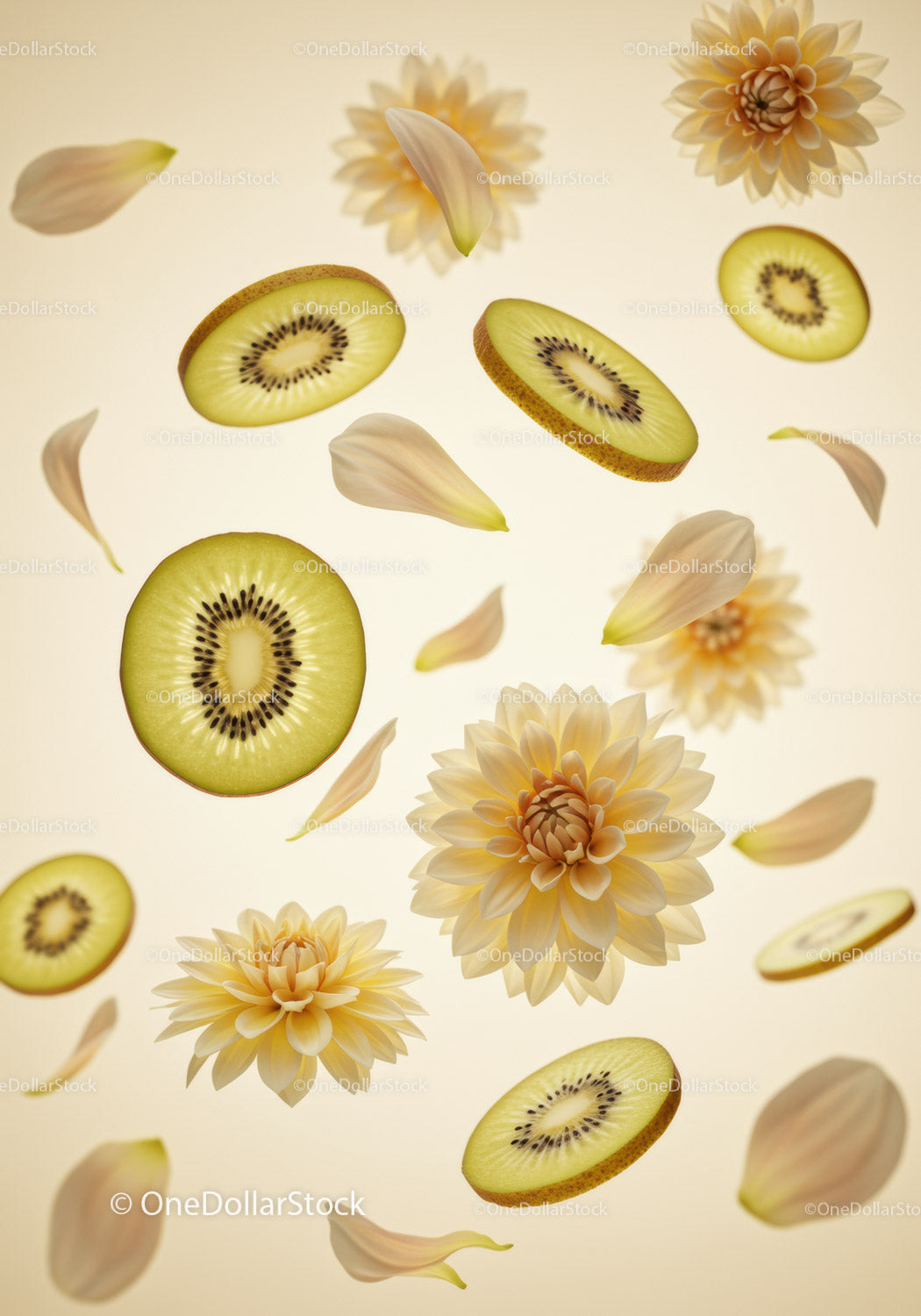 Sliced green kiwis with soft yellow dahlia petals floating