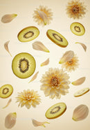 Sliced green kiwis with soft yellow dahlia petals floating