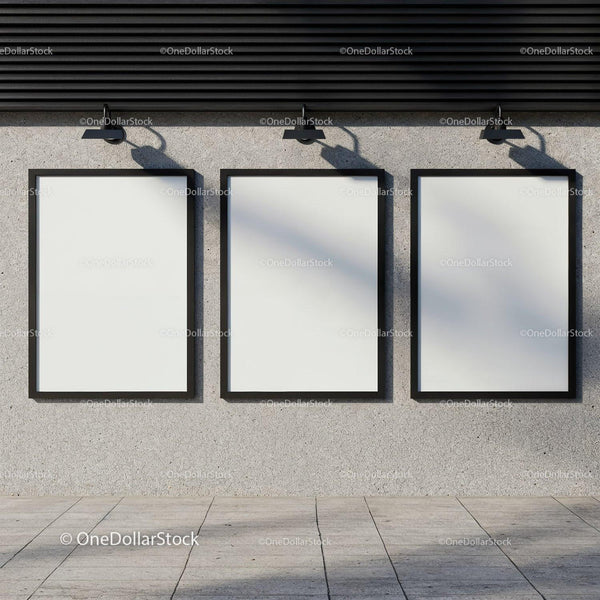 Three Blank Poster Frames on Concrete Wall JPG Mockup Image