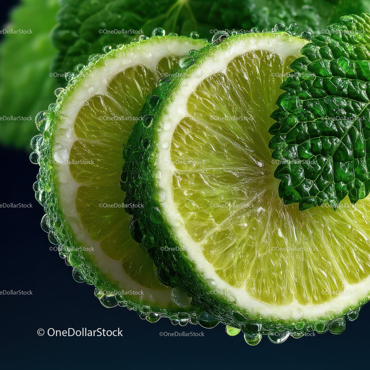Close-Up of Fresh Lime with Mint Leaf and Water Droplets