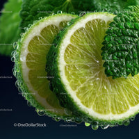 Close-Up of Fresh Lime with Mint Leaf and Water Droplets