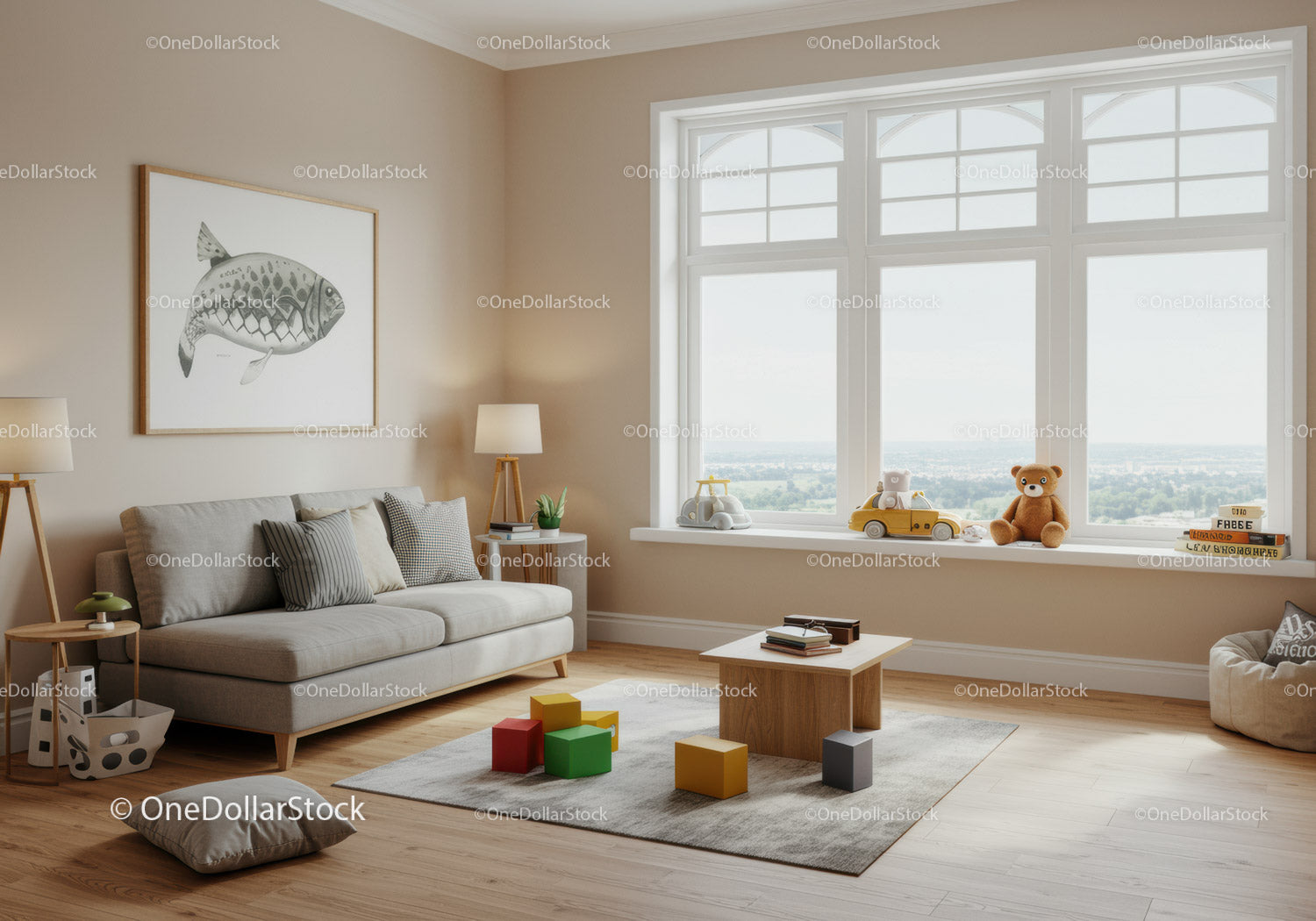 Bright Modern Living Room with Toys and Large Window View