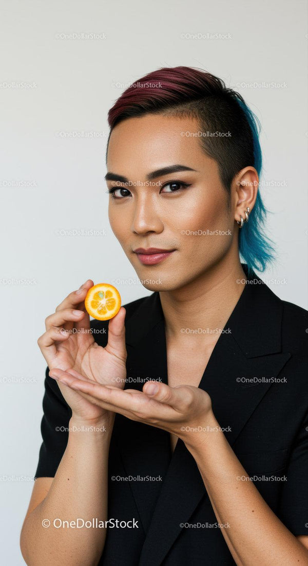 Vibrant Hair Color Man Holding Lemon for Fresh and Bold Look