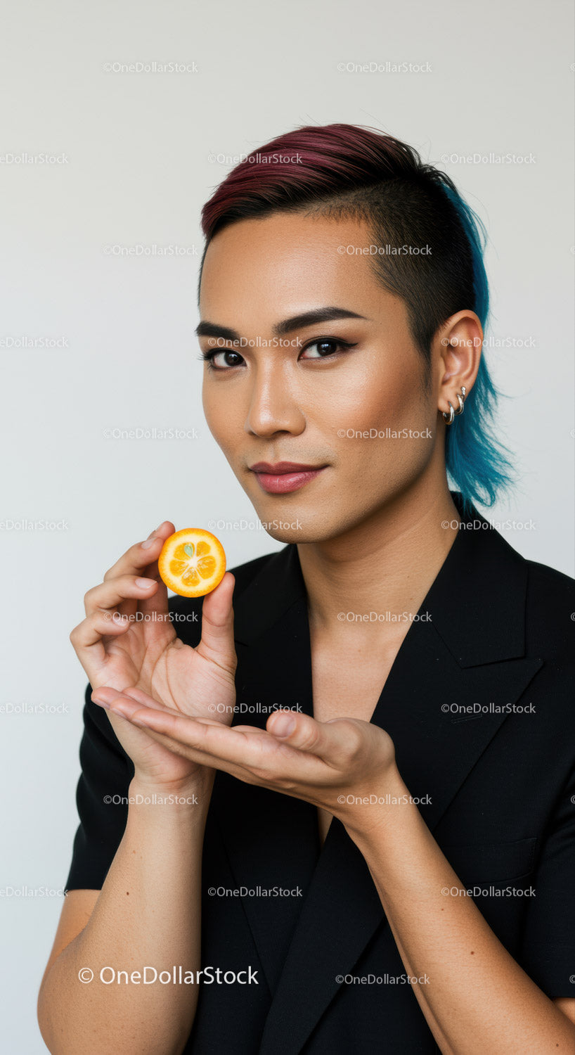 Vibrant Hair Color Man Holding Lemon for Fresh and Bold Look