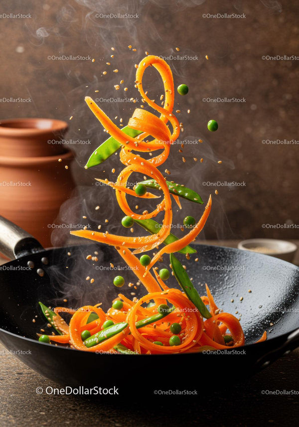 Fresh vegetables sizzling in black wok pan