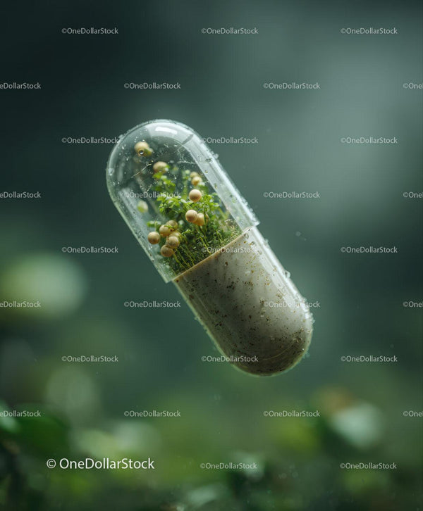 Transparent Capsule with Green Plant and Seeds Inside