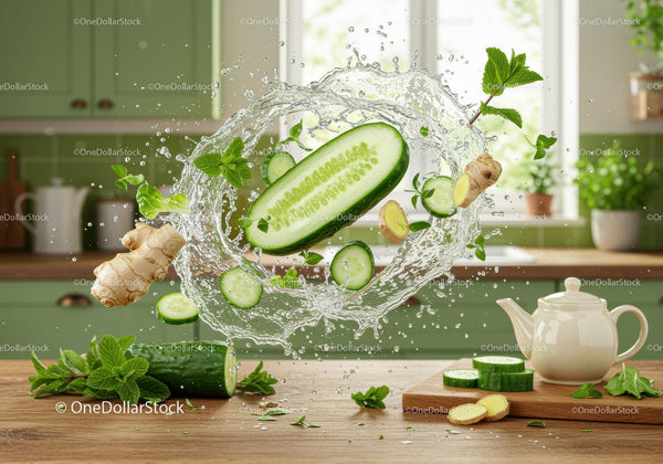 Fresh cucumber and ginger splash with herbs on kitchen table