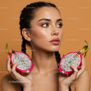 Beautiful Woman Holding Fresh Dragon Fruits with Vibrant Makeup and Tropical Vibe