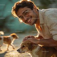 Smiling man gently petting his calm dog outdoors