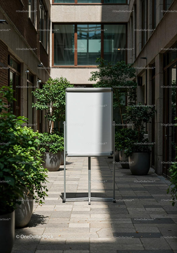 Blank flip chart in bright courtyard surrounded by plants JPG Mockup Image