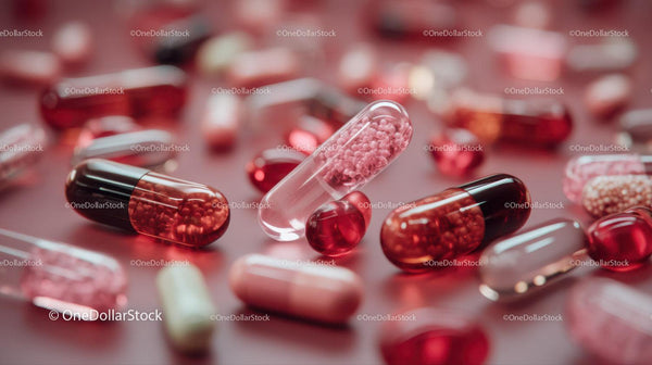 Red and Black Capsules in Close-Up for Pharmaceutical and Healthcare Use