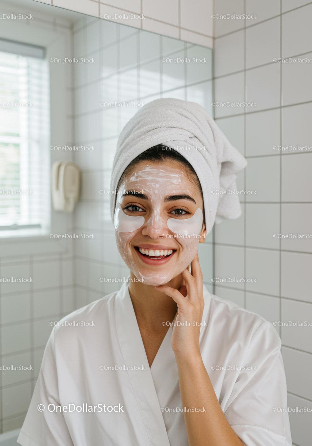 Smiling woman with facial mask and eye patches in bathrobe