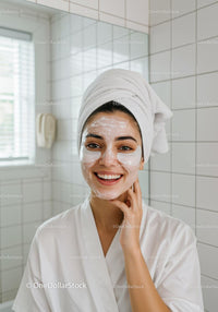 Smiling woman with facial mask and eye patches in bathrobe