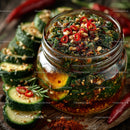 Vibrant Spicy Cucumber Kimchi in Glass Jar with Fresh Vegetables