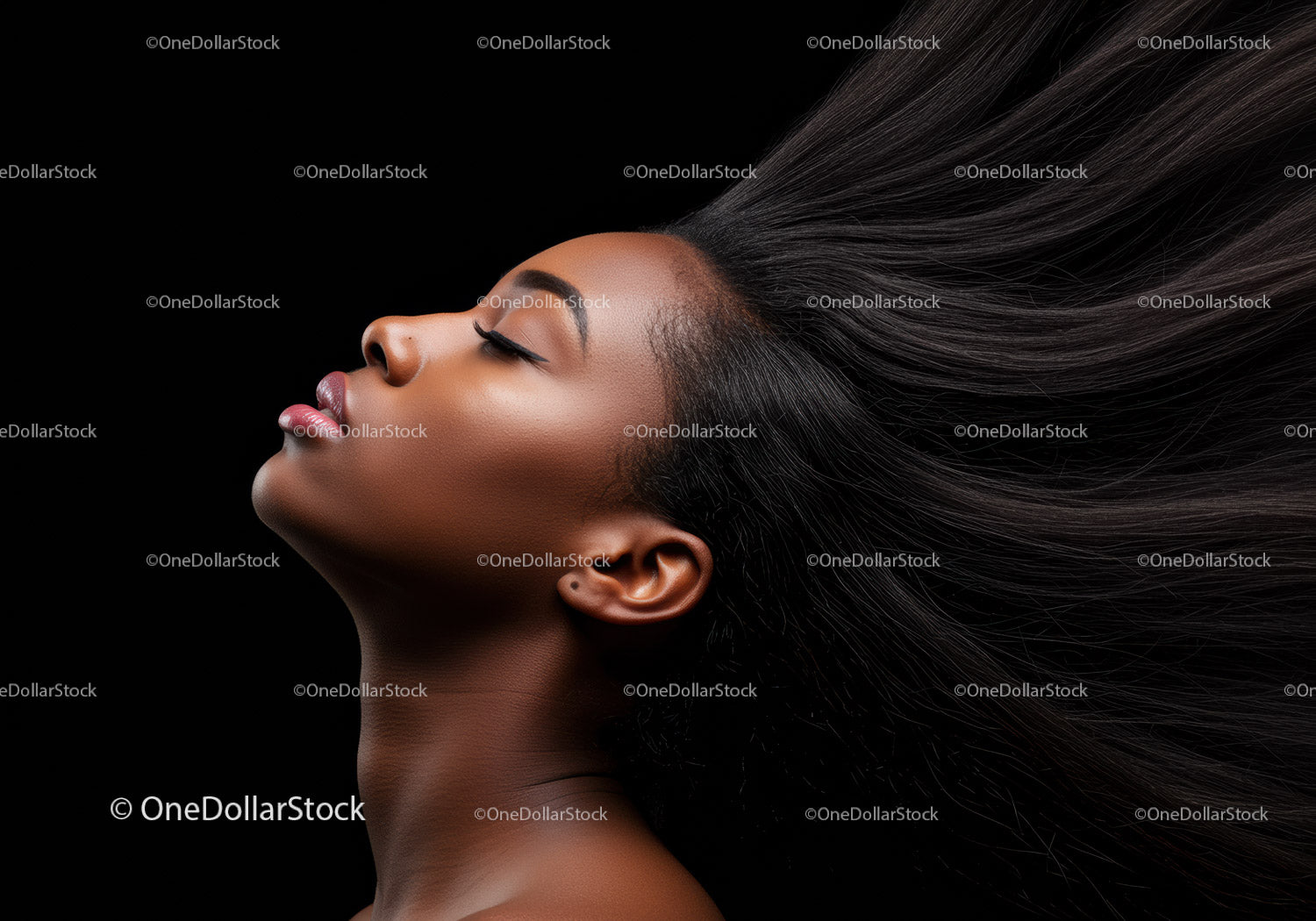 Graceful woman with flowing hair against black background