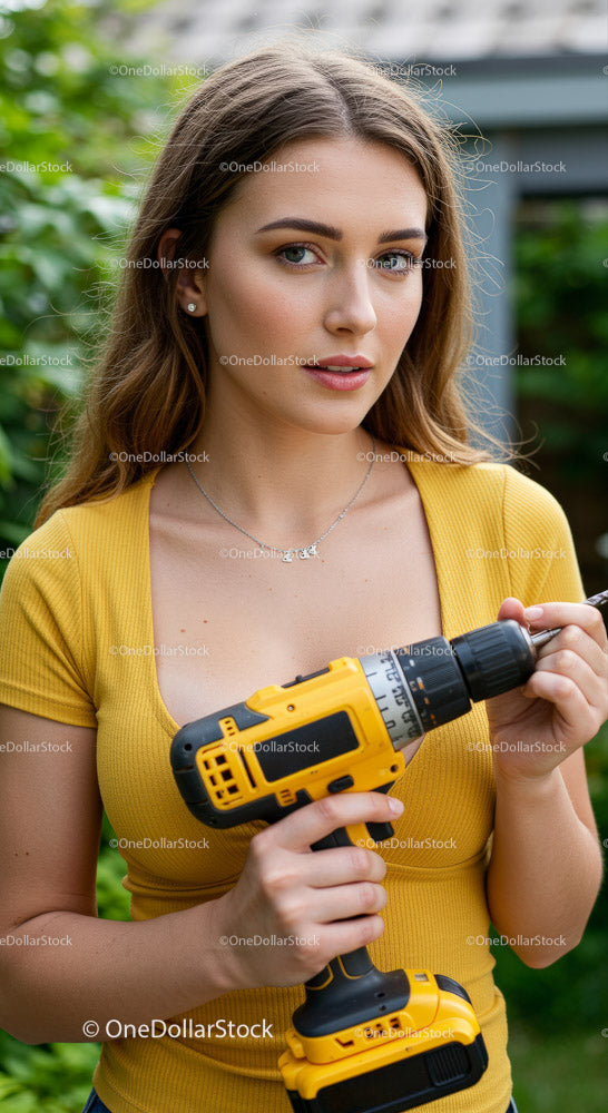 Confident Young Woman Holding a Cordless Drill in Nature