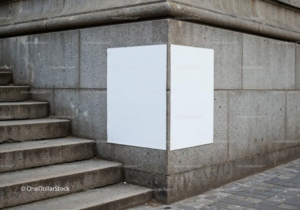 Blank posters on corner stone wall near urban stairs JPG Mockup Image