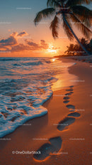 Sunset over Tropical Beach with Palm Trees and Footprints