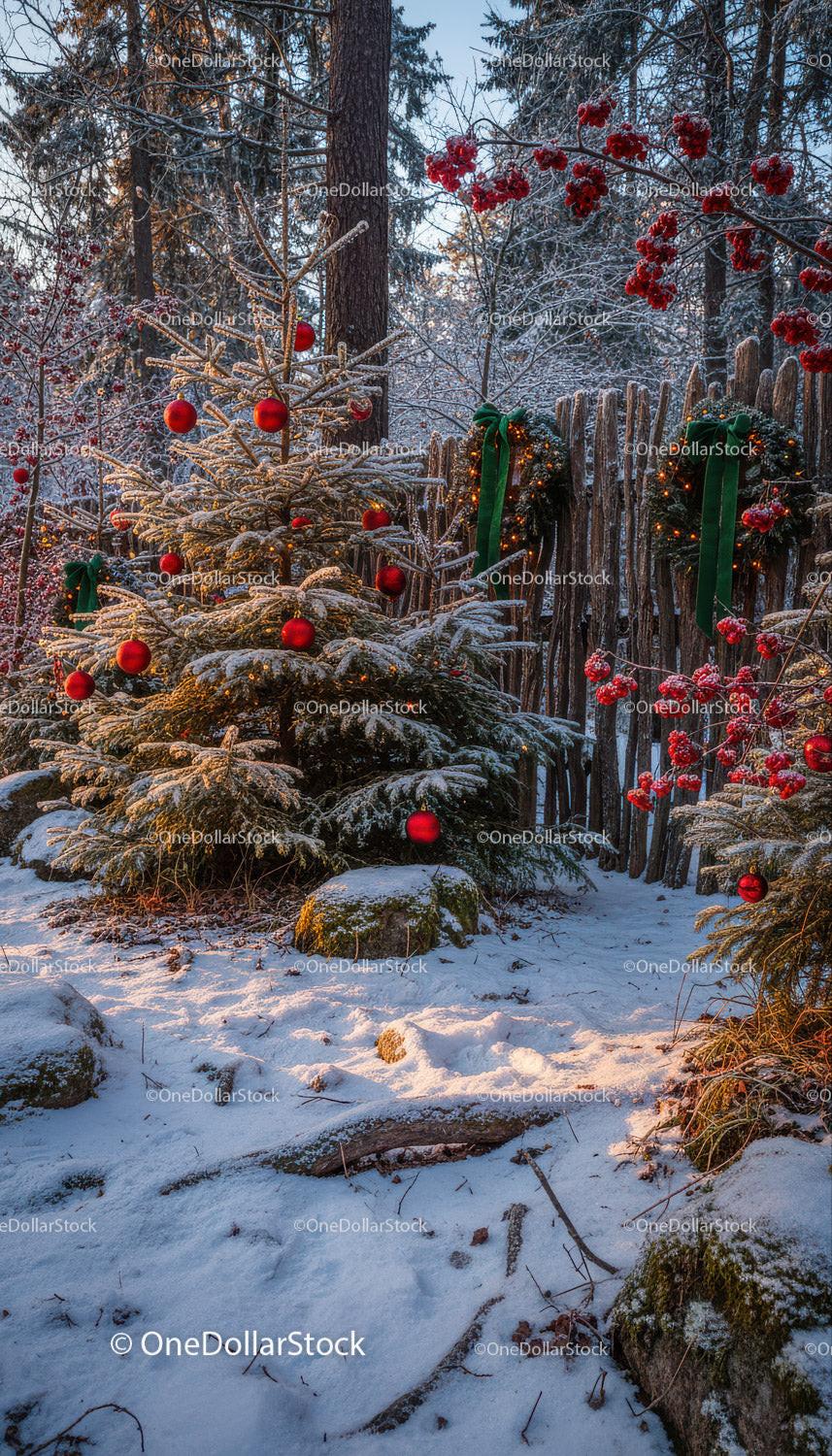 Snow-covered pine tree decorated with red baubles outdoors