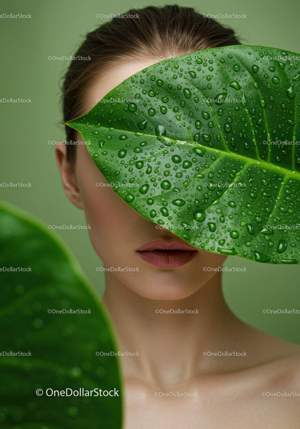 Kobieta z dużym listkiem pokrytym kroplami rosy w naturalnym zielonym otoczeniu