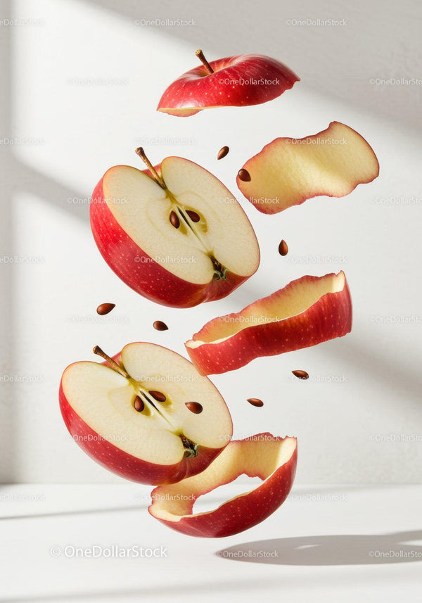 Floating Red Apple Halves with Peels and Seeds