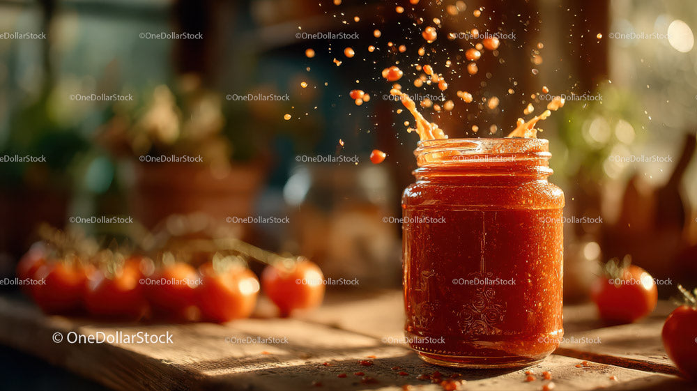 Vibrant Tomato Jam Splash with Cherry Tomatoes on Wooden Table