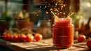 Vibrant Tomato Jam Splash with Cherry Tomatoes on Wooden Table