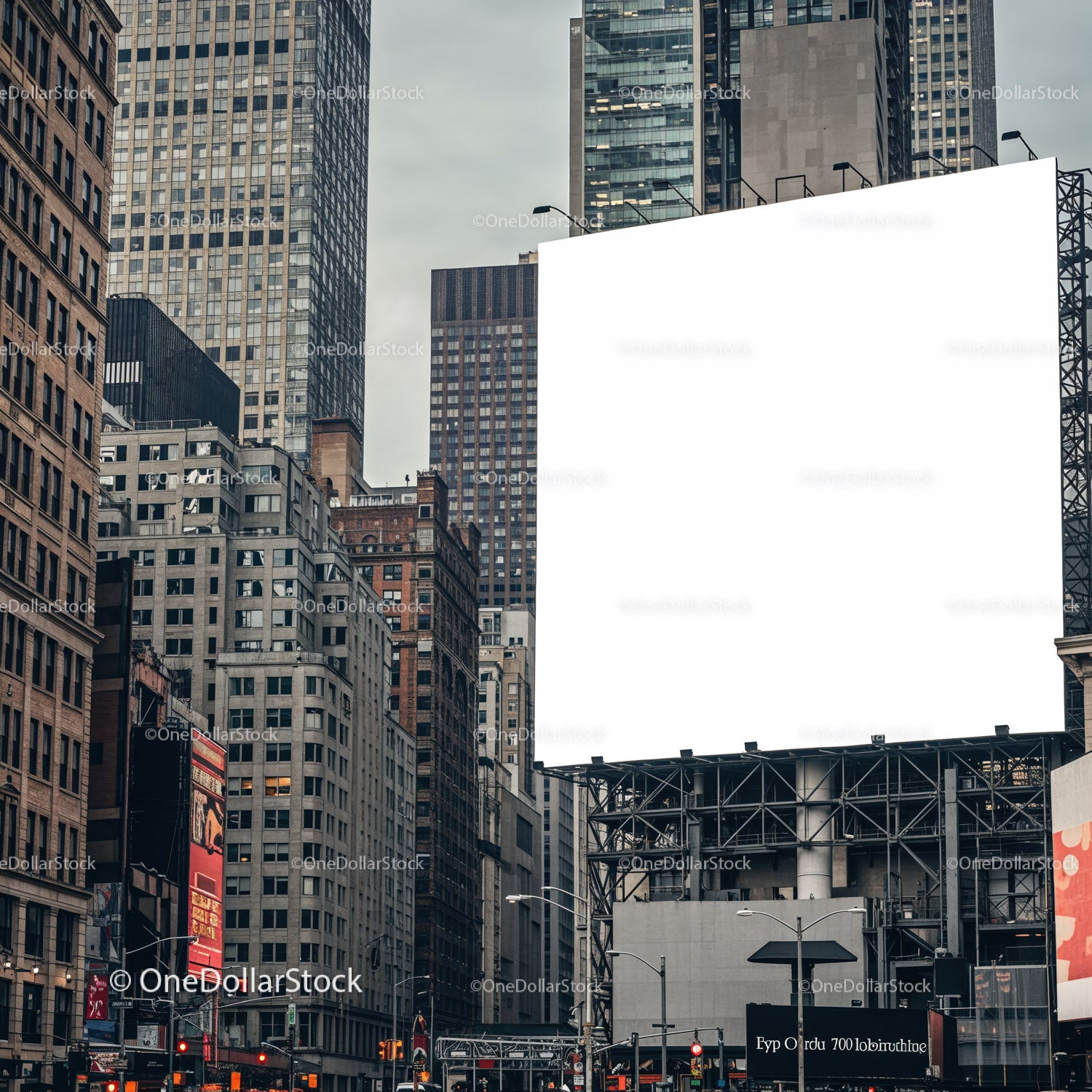 Urban cityscape with large blank billboard tower