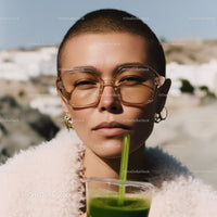 Stylish Woman Drinking Green Smoothie Outdoors in Summer Landscape
