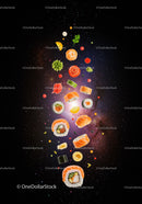 Floating Assortment of Sushi and Japanese Ingredients in Space