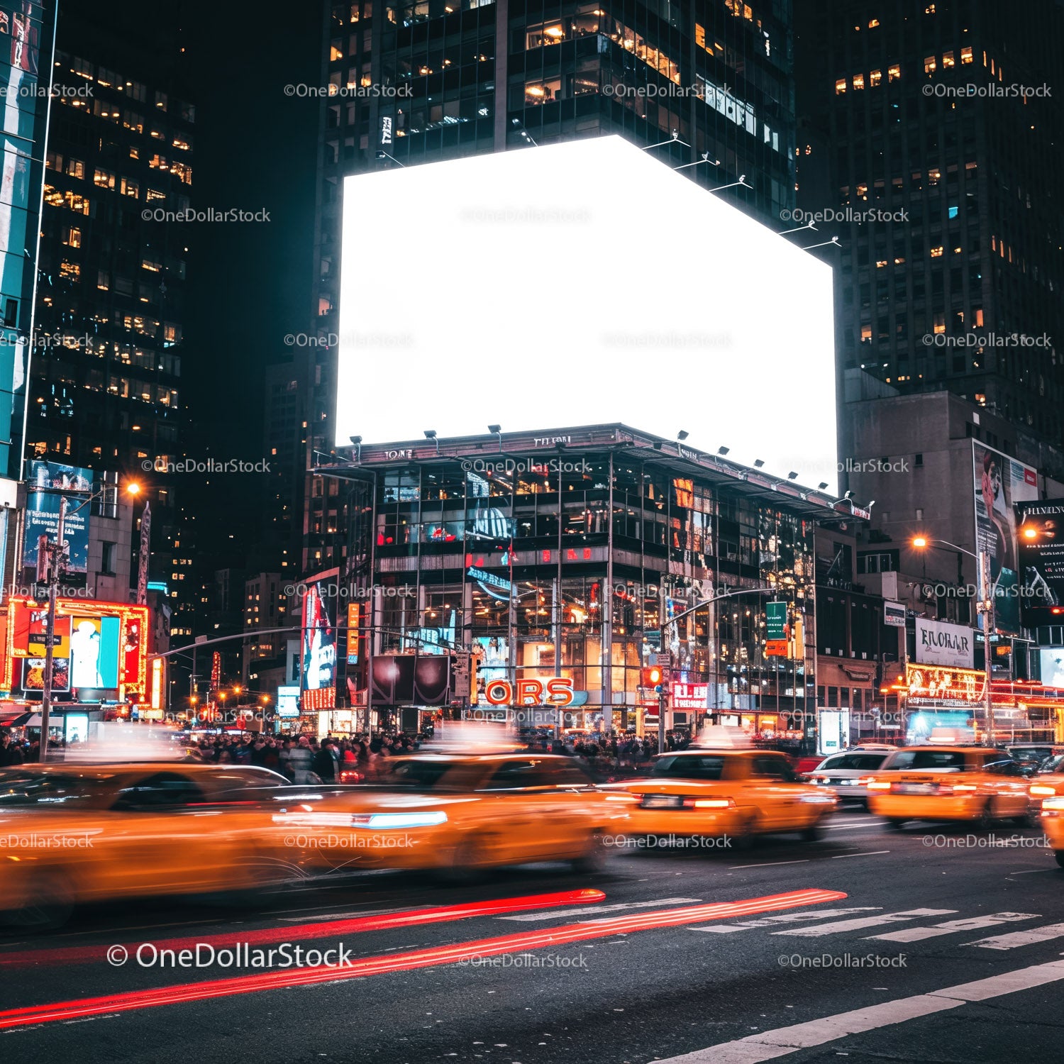 Ruchliwa ulica miejska z jasnymi billboardami i poruszającymi się taksówkami