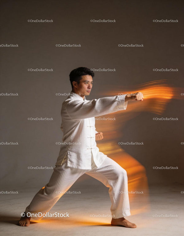 Man practicing martial arts punch in motion blur effect