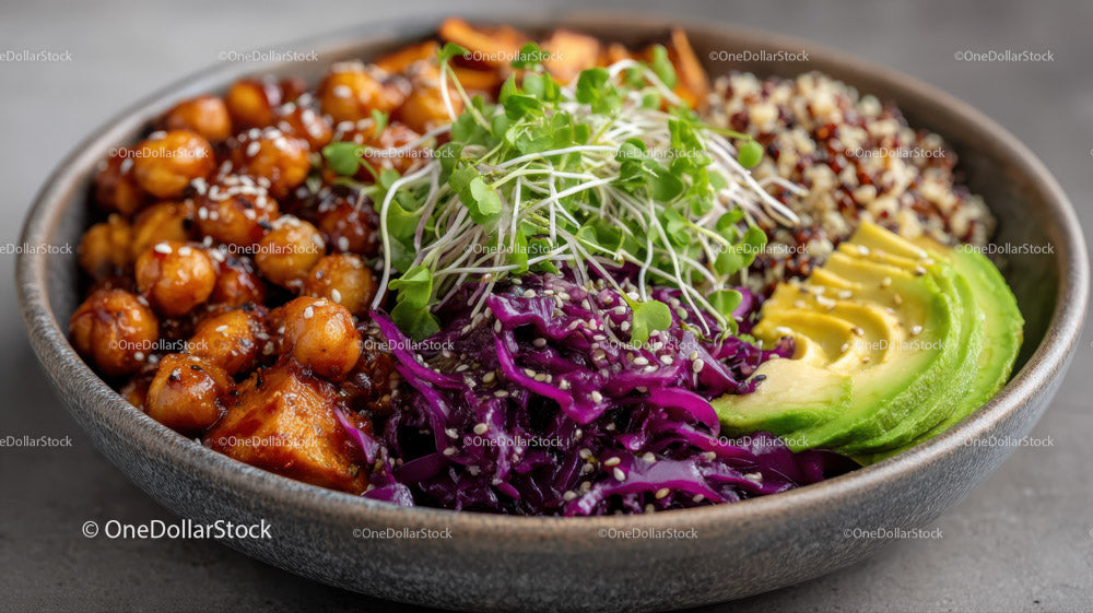 Colorful Vegan Bowls with Chickpeas Sweet Potatoes Red Cabbage and Quinoa