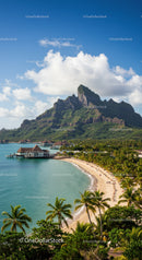 Tropical Mountain and Beach Scene with Overwater Bungalows