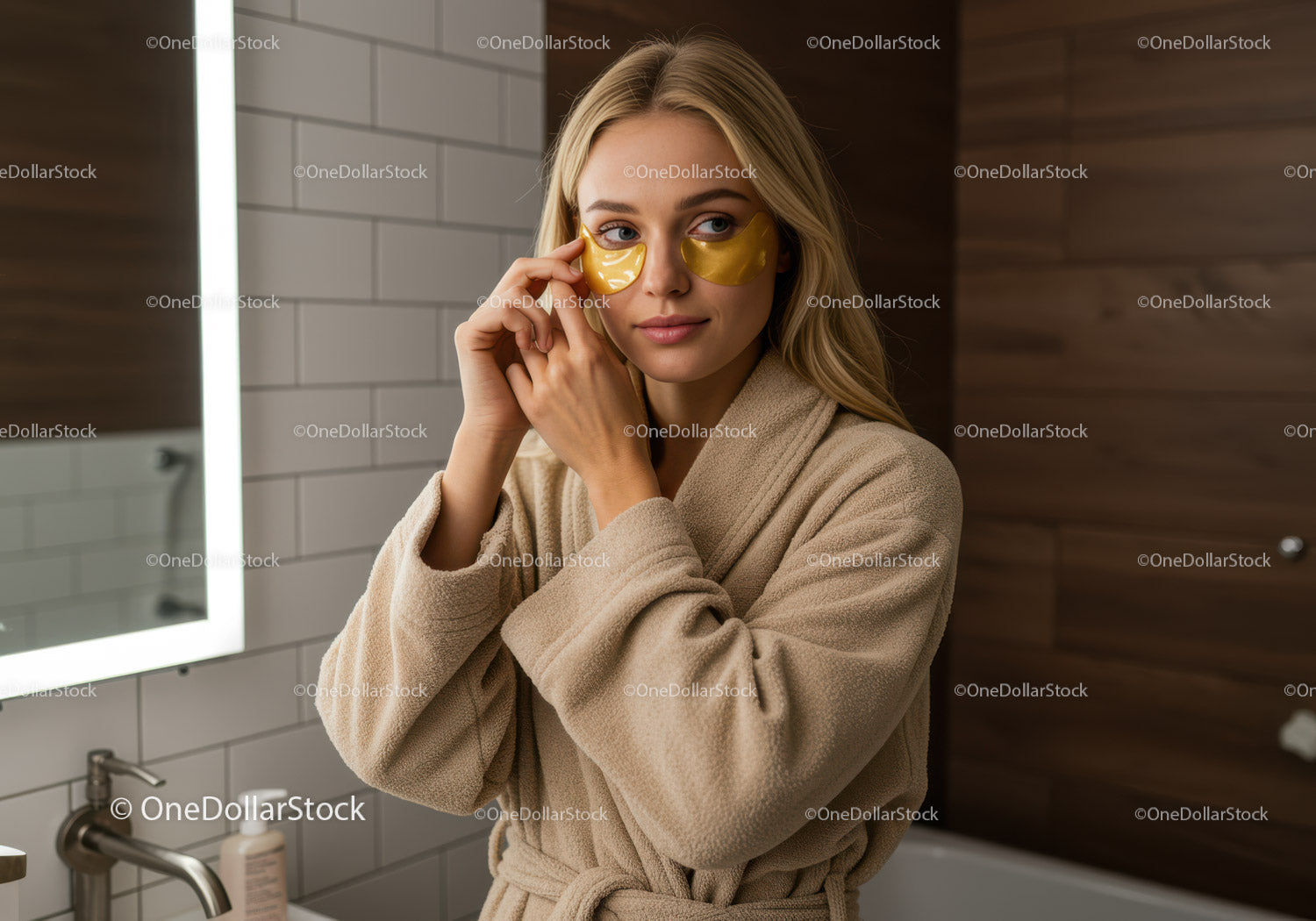 Young woman relaxing with gold eye masks in bathroom