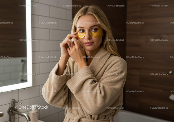 Young woman relaxing with gold eye masks in bathroom