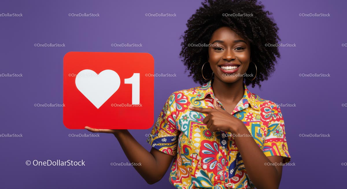Cheerful Woman Holding Social Media Heart Icon in Bright Outfit