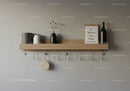 Modern Wooden Shelf with Vases and Wall Hooks in Neutral Tones