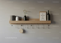 Modern Wooden Shelf with Vases and Wall Hooks in Neutral Tones