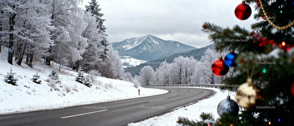 Winding winter road with decorated Christmas tree nearby