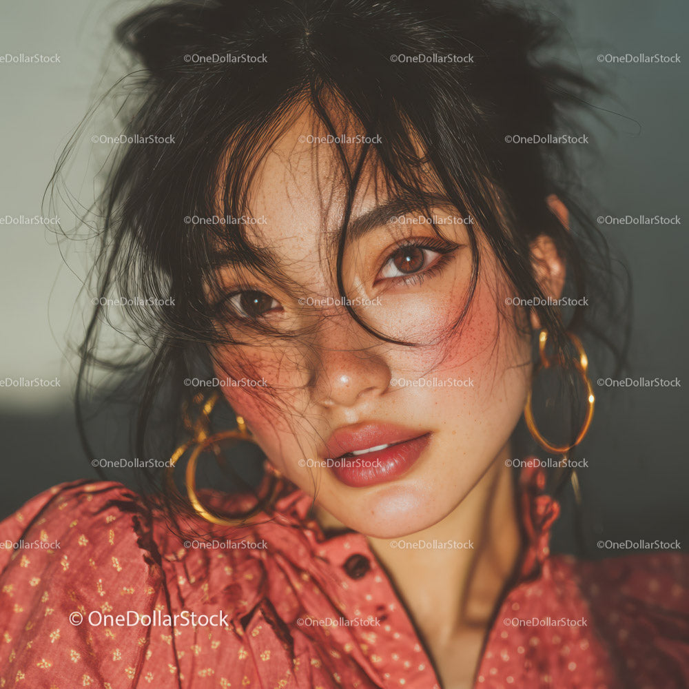Fashionable Young Woman with Freckles and Bold Makeup