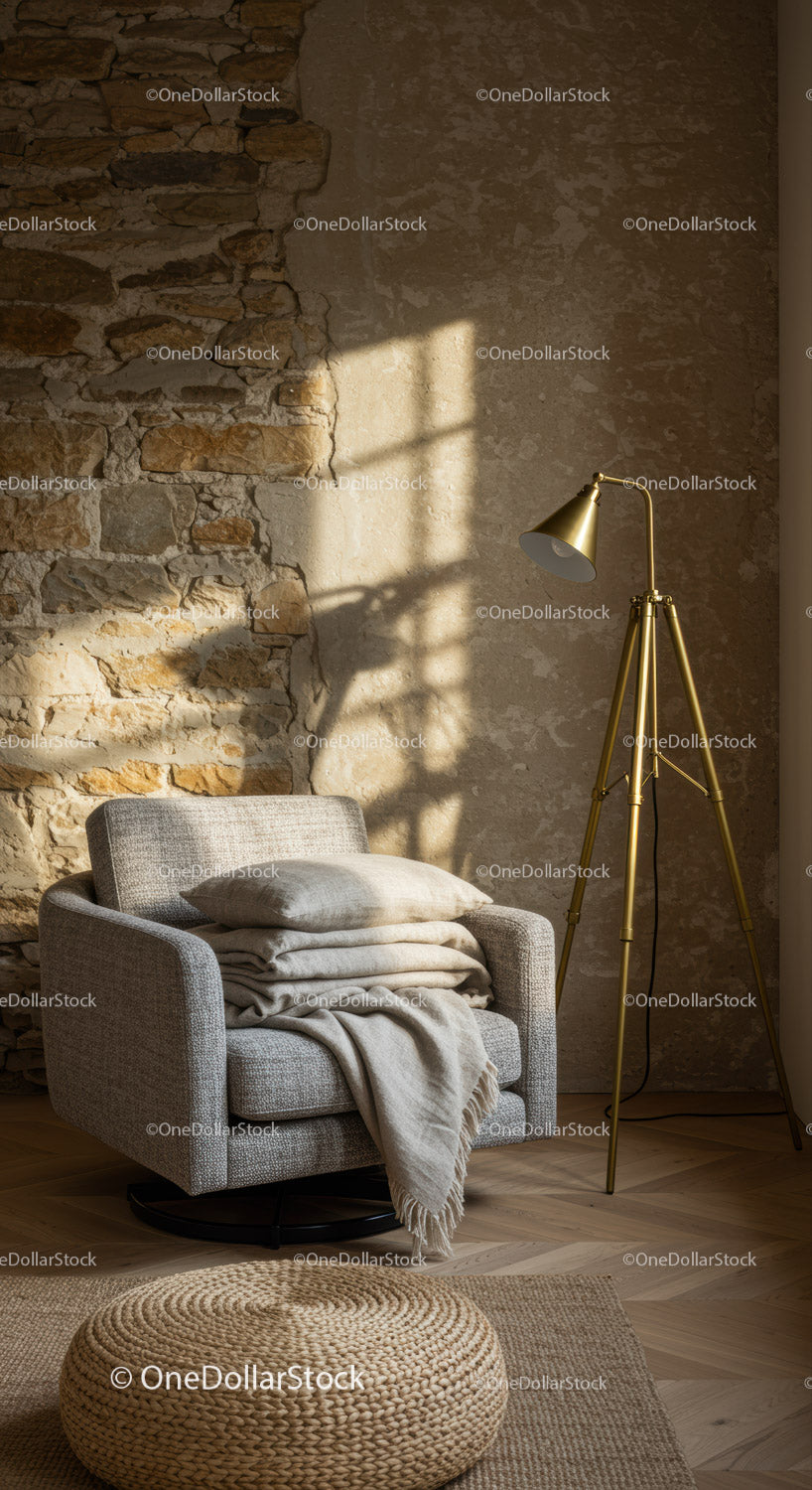 Cozy armchair corner with soft textiles and floor lamp