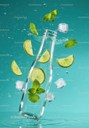 Refreshing lime and mint splash in clear bottle