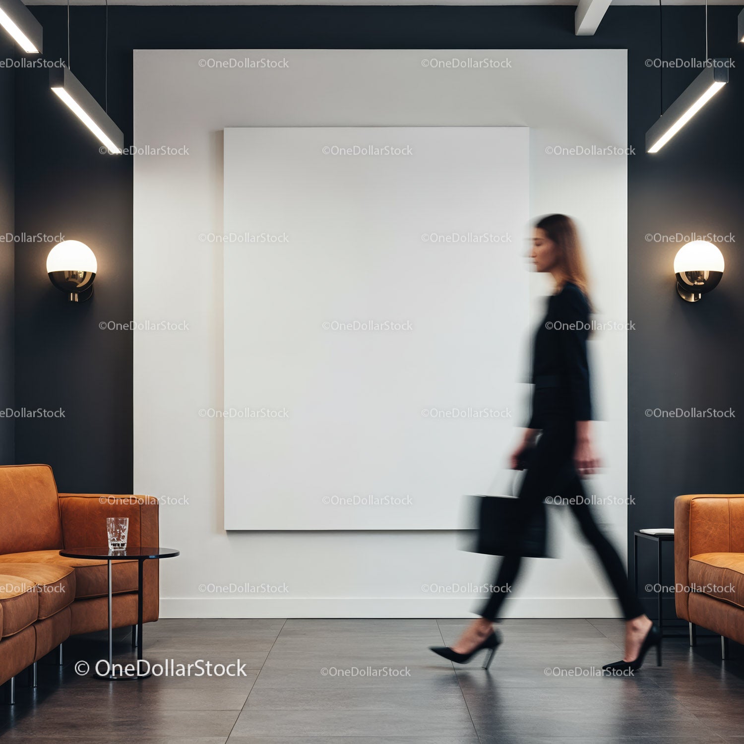 Woman walking confidently in modern office lobby