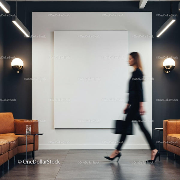 Woman walking confidently in modern office lobby JPG Mockup Image