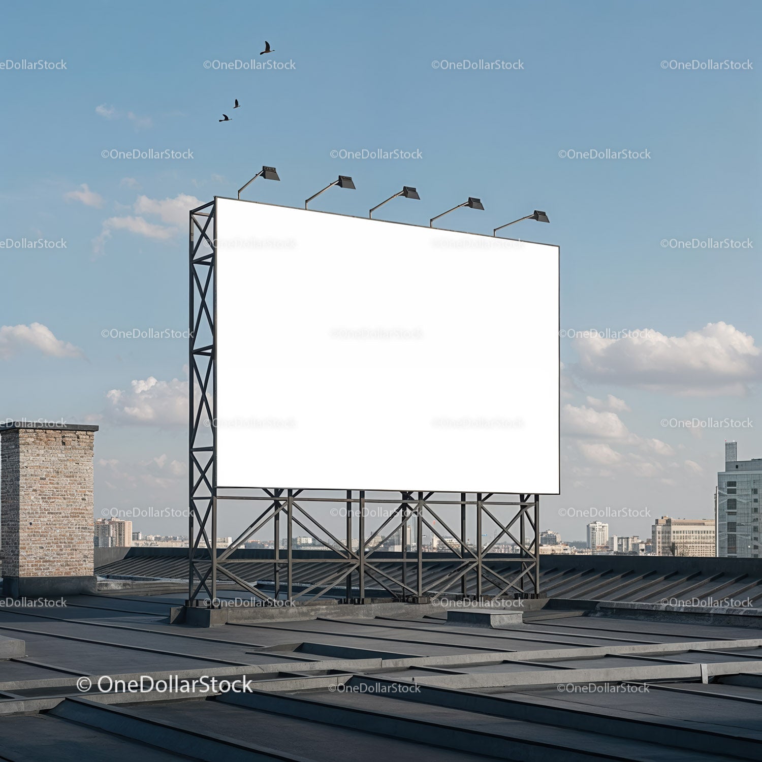 Blank Urban Billboard on Rooftop Under Clear Sky