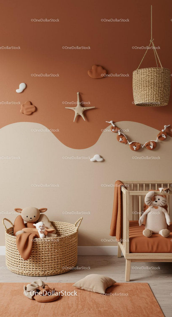Cozy Nursery with Plush Toys, Woven Basket, Cloud and Star Wall Art