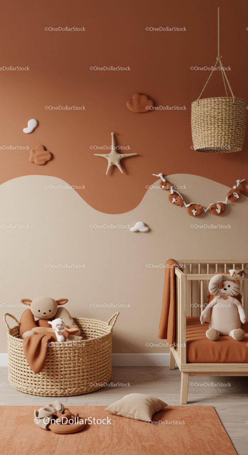 Cozy Nursery with Plush Toys, Woven Basket, Cloud and Star Wall Art
