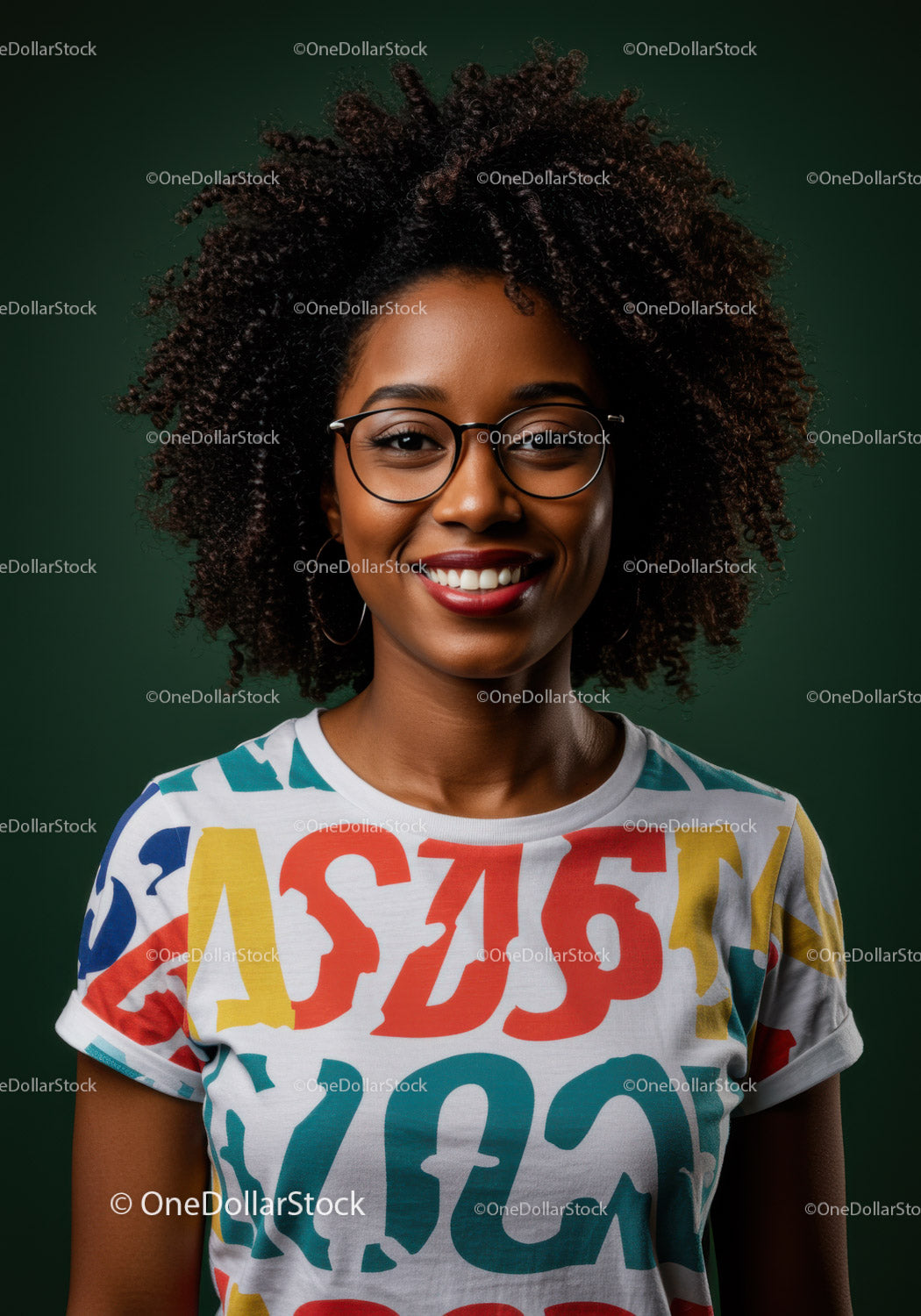 Vibrant Young Woman with Curly Hair and Glasses in Casual Attire
